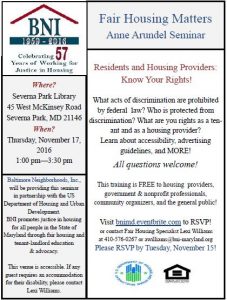 Flier for BNI Fair Housing Matters Event in Severna Park