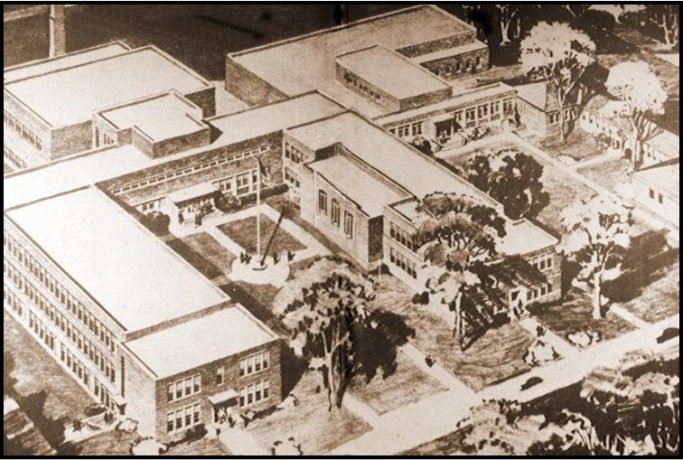 A sepia-toned aerial illustration of a large, multi-winged school or institutional building surrounded by trees and pathways, with several courtyards and rectangular structures interconnected.
