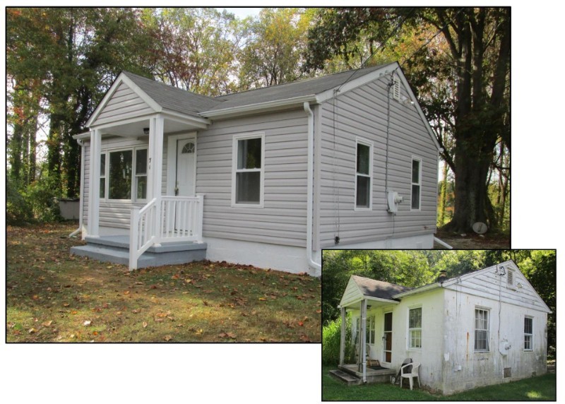 A small gray house with white trim and a front porch, shown in a main photo after renovation. Inset shows the same house before renovation, with peeling paint and an old chair on the porch. Trees and grass surround the home.