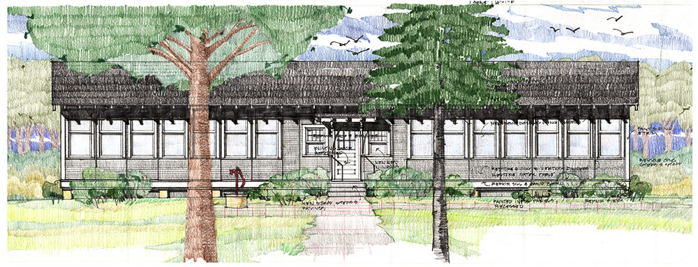 An architectural drawing of a single-story building with a shaded front porch, large windows, and a gabled roof, surrounded by trees and greenery with birds flying in the sky. Handwritten notes label parts of the building.