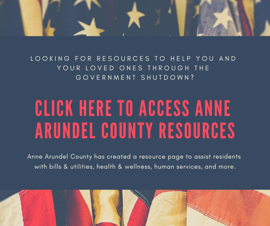 An American flag forms the background behind text offering Anne Arundel County resources for residents affected by a government shutdown. The main message invites users to click for help with bills, health, human services, and more.