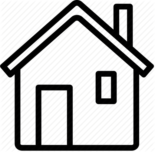Simple black outline icon of a house with a chimney, one door, and one window, on a light diagonal striped background.