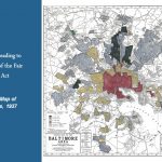Historic 1937 redlining map of Baltimore showing neighborhoods color-coded by lending risk; red areas indicate "hazardous" zones, reflecting discriminatory housing practices. Text about the Fair Housing Act appears on the left.