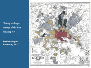 Historic 1937 redlining map of Baltimore showing neighborhoods color-coded by lending risk; red areas indicate "hazardous" zones, reflecting discriminatory housing practices. Text about the Fair Housing Act appears on the left.