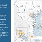 A map of central Maryland highlights census tracts in Baltimore and surrounding counties with labels showing racially and ethnically concentrated areas of poverty. A sidebar lists data on minority and poverty percentages.
