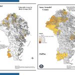 Side-by-side maps of Anne Arundel County show block groups vulnerable in 2010 (left) and census tracts with 35%+ non-white population (right). Both maps highlight various regions in shades of yellow and brown.