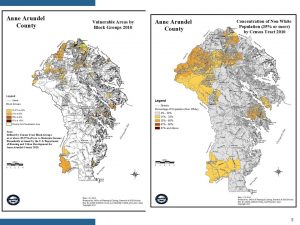 Side-by-side maps of Anne Arundel County show block groups vulnerable in 2010 (left) and census tracts with 35%+ non-white population (right). Both maps highlight various regions in shades of yellow and brown.