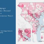 Map of the Baltimore region shows mortgage loan denial rates by census tract, with darker pink areas indicating higher denial rates. Major counties and cities are labeled. Source: Home Mortgage Disclosure Act reporting.