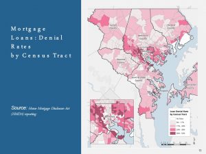 Map of the Baltimore region shows mortgage loan denial rates by census tract, with darker pink areas indicating higher denial rates. Major counties and cities are labeled. Source: Home Mortgage Disclosure Act reporting.