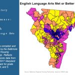 Map of Maryland showing elementary school English Language Arts performance by quintile. Darker areas in Baltimore City indicate lower scores; lighter areas in surrounding counties represent higher scores. Text and data are on the left.