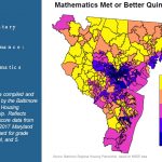 A color-coded map of Maryland shows elementary school math performance by area, with a legend indicating five quintiles. Text on the left provides data sources and context for the analysis.