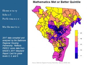 A color-coded map of Maryland shows elementary school math performance by area, with a legend indicating five quintiles. Text on the left provides data sources and context for the analysis.