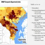 A map of Travis County, Texas shows varying opportunity index scores by census tract, ranging from low (dark brown) to high (bright yellow). A legend explains color coding, with indicators listed on the right.