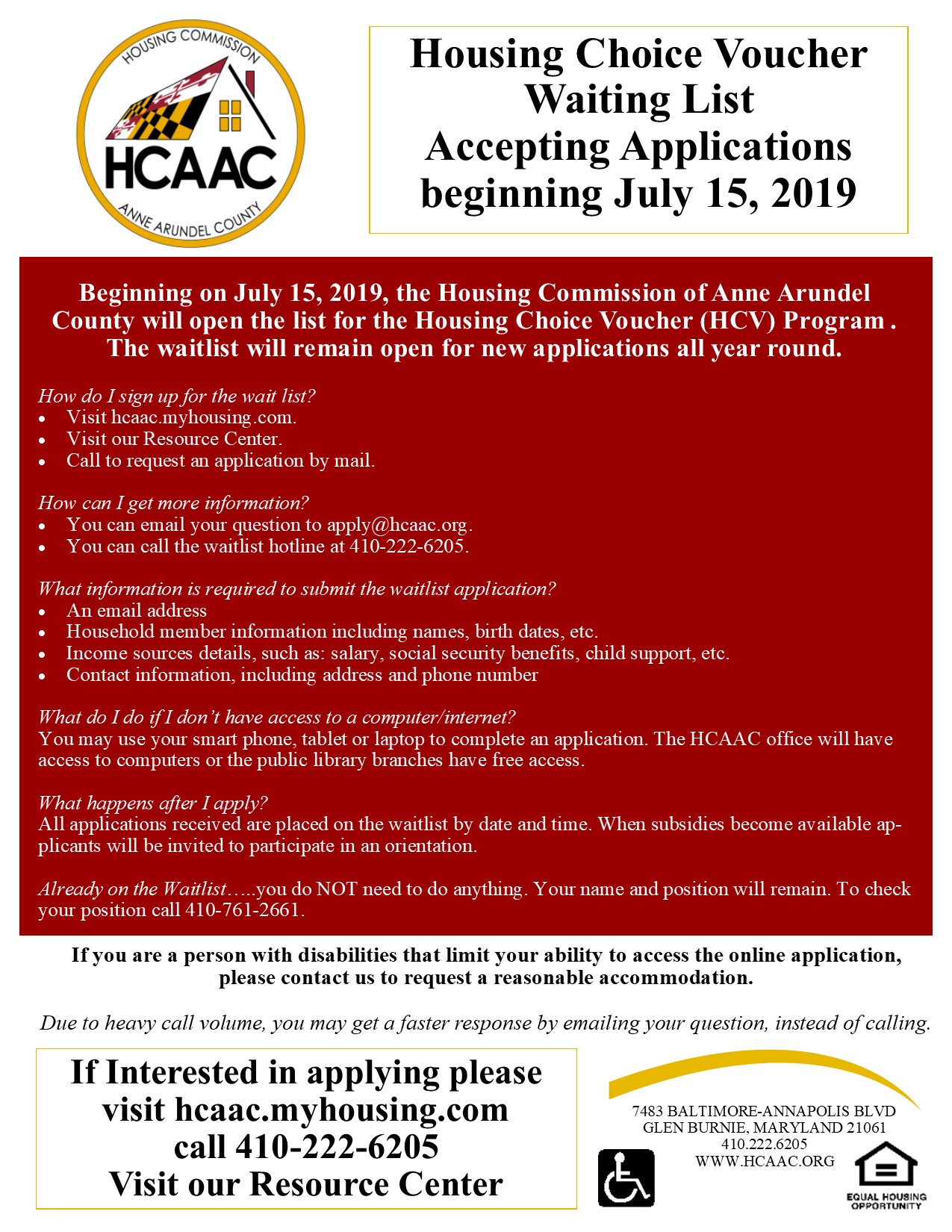 Flyer for the Anne Arundel County Housing Choice Voucher Waiting List, announcing applications open July 15, 2019. Includes eligibility info, how to apply, contact details, and office address. HCAAC logo at top.
