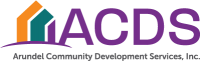 Logo for Arundel Community Development Services, Inc. (ACDS) featuring stylized orange and green house shapes next to large purple letters "ACDS" and the full organization name underneath.