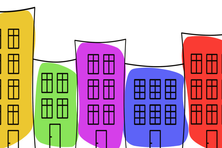 A row of cartoon-style, colorful buildings in yellow, green, purple, blue, and red, each with multiple windows and doors, outlined in black on a white background.