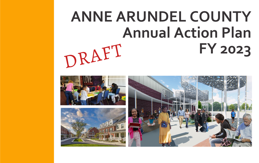 Cover page for Anne Arundel County Annual Action Plan FY 2023, marked "DRAFT," featuring photos of community meetings, outdoor gatherings, and a building with people walking and talking outside.