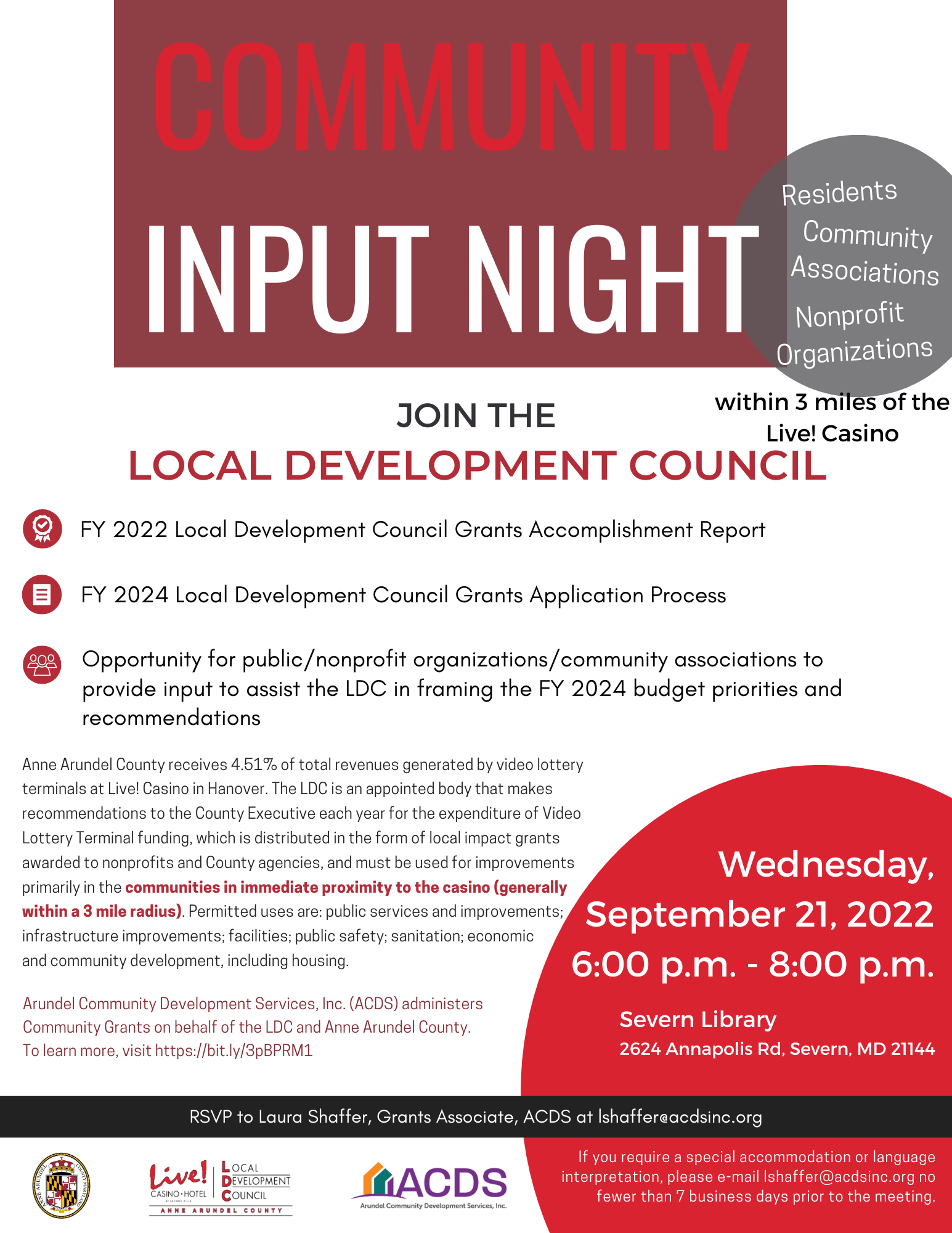 Flyer for "Community Input Night" inviting residents, community associations, and nonprofits near Live! Casino to join the Local Development Council on Sept 21, 2022, at Severn Library, 6-8 pm, for discussion and grant information.