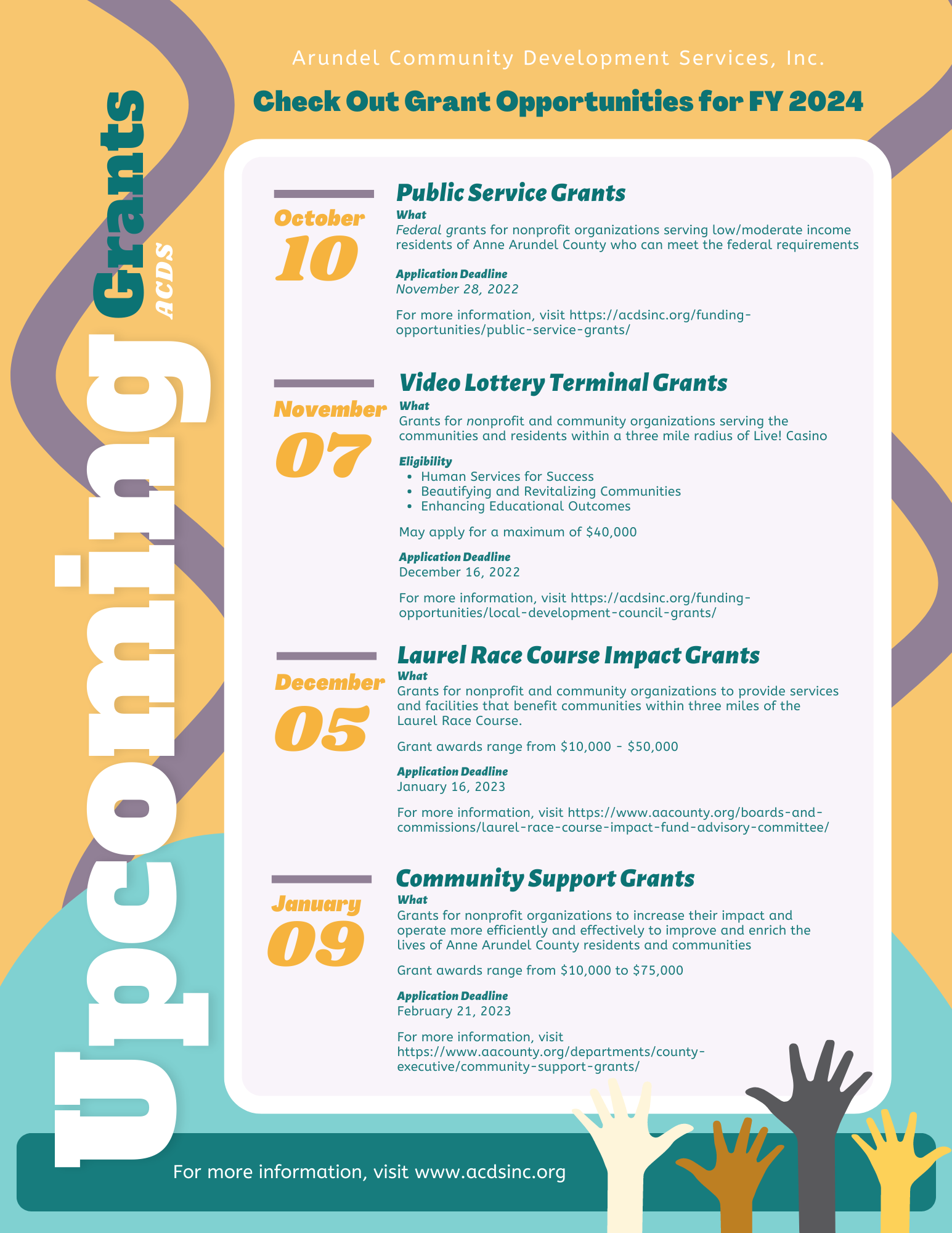 Colorful flyer titled “Upcoming Grants” lists four grant opportunities with dates in 2024, brief descriptions, requirements, and a web link, with decorative geometric shapes and illustrated hands reaching up at the bottom.