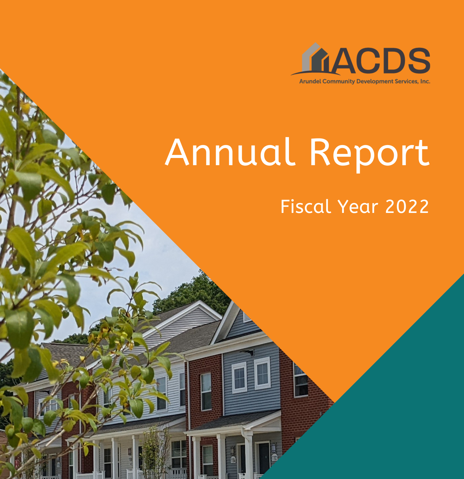 Cover of the ACDS Annual Report for Fiscal Year 2022, featuring the organization's logo and name, with a background image of suburban houses and a tree branch in the foreground.