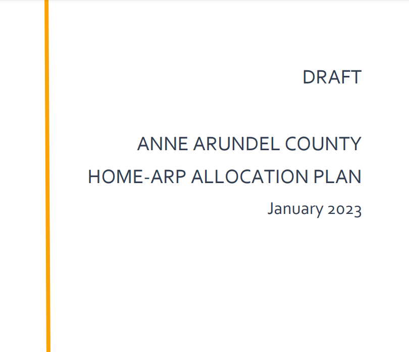 Cover page with text: "DRAFT ANNE ARUNDEL COUNTY HOME-ARP ALLOCATION PLAN January 2023" in dark font on a white background, with a vertical orange line along the left edge.