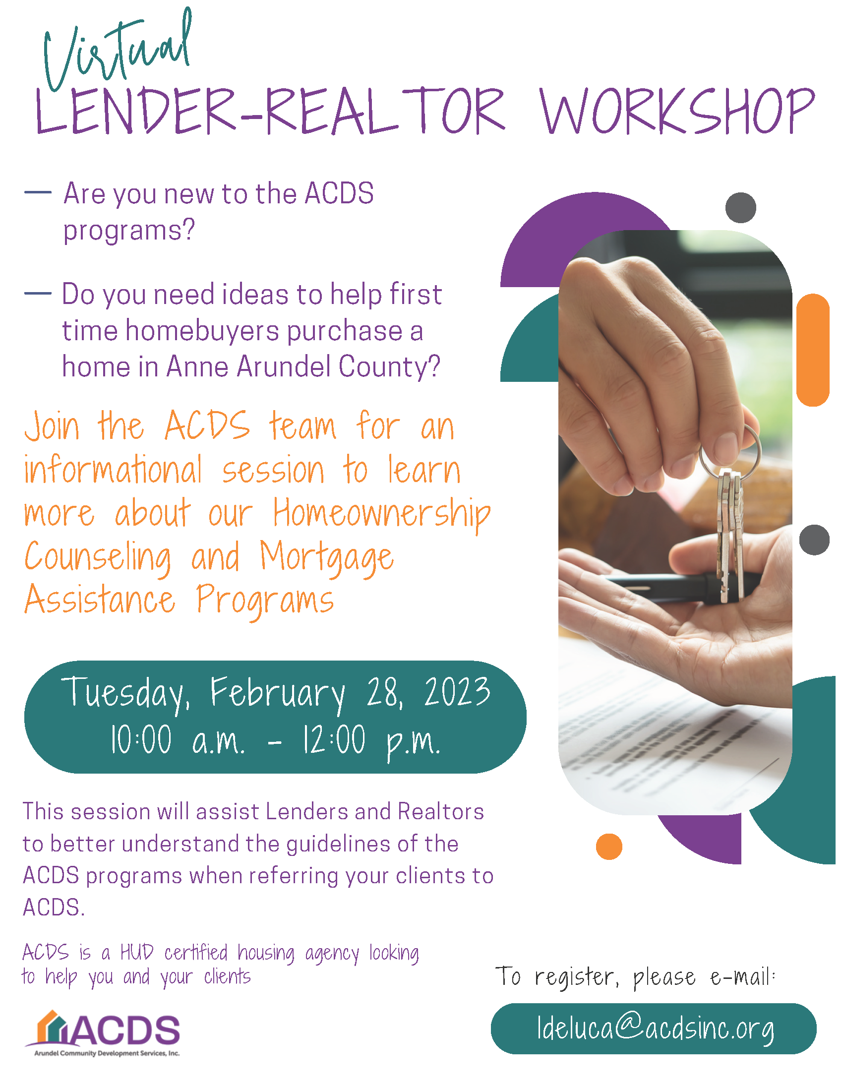 Flyer for a virtual Lender-Realtor Workshop. Details include date (Feb 28, 2023, 10 a.m.–12 p.m.), topics on ACDS Homeownership Counseling and Mortgage Assistance, and contact info for registration.
