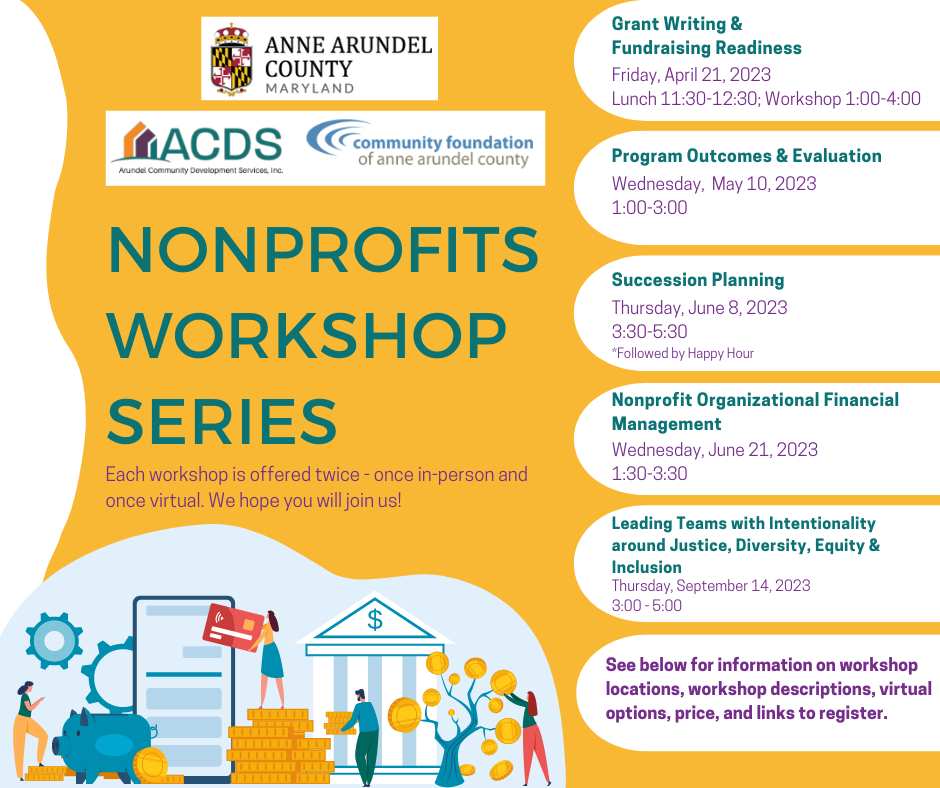 Flyer for Anne Arundel County Nonprofits Workshop Series showing session titles, dates, and times, with graphics of people and documents, and logos from ACDS and the Community Foundation of Anne Arundel County.