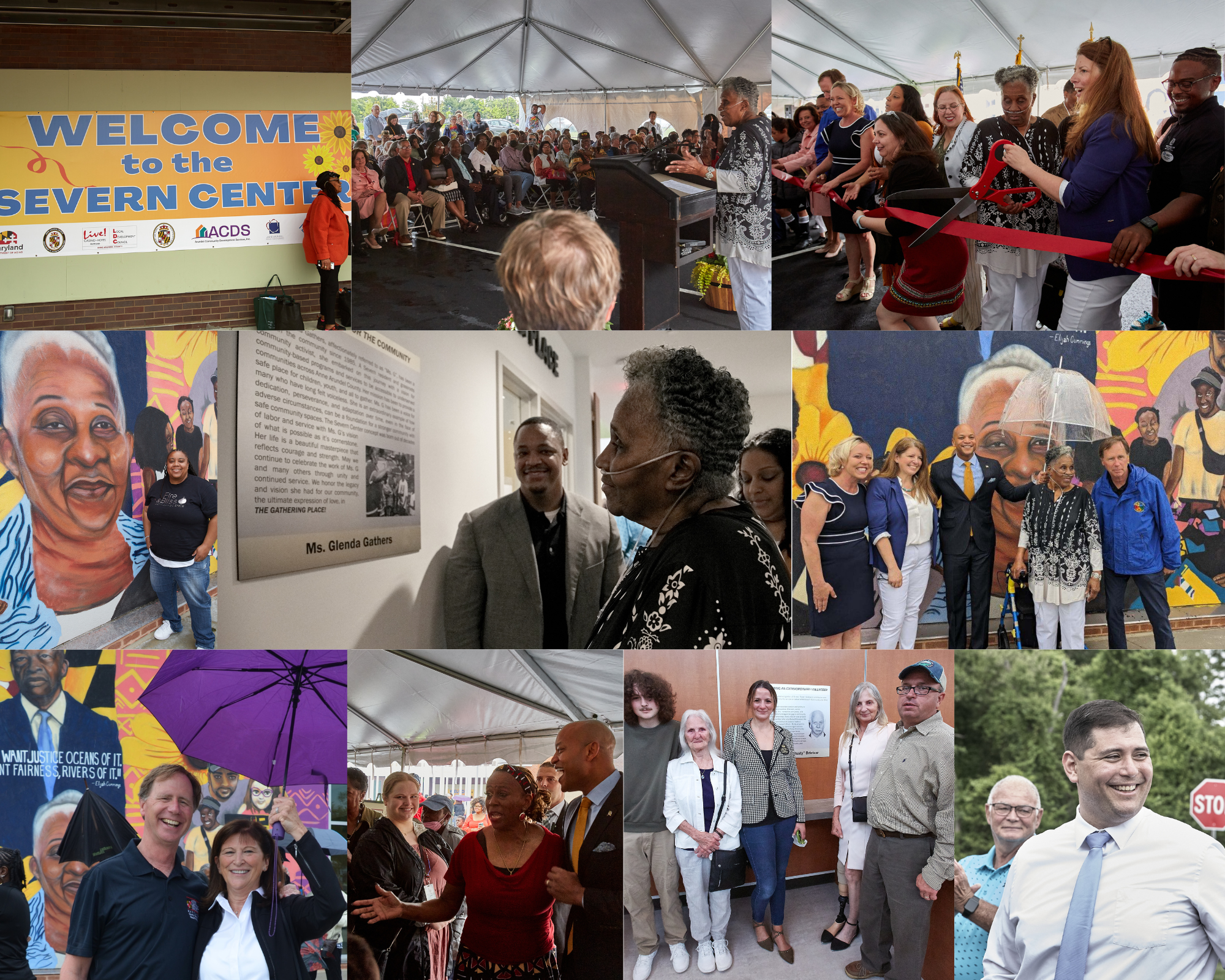 A collage of photos from a community event at the Severn Center shows people giving speeches, cutting a red ribbon, posing for group photos, and engaging in lively conversations indoors and outdoors under a tent.