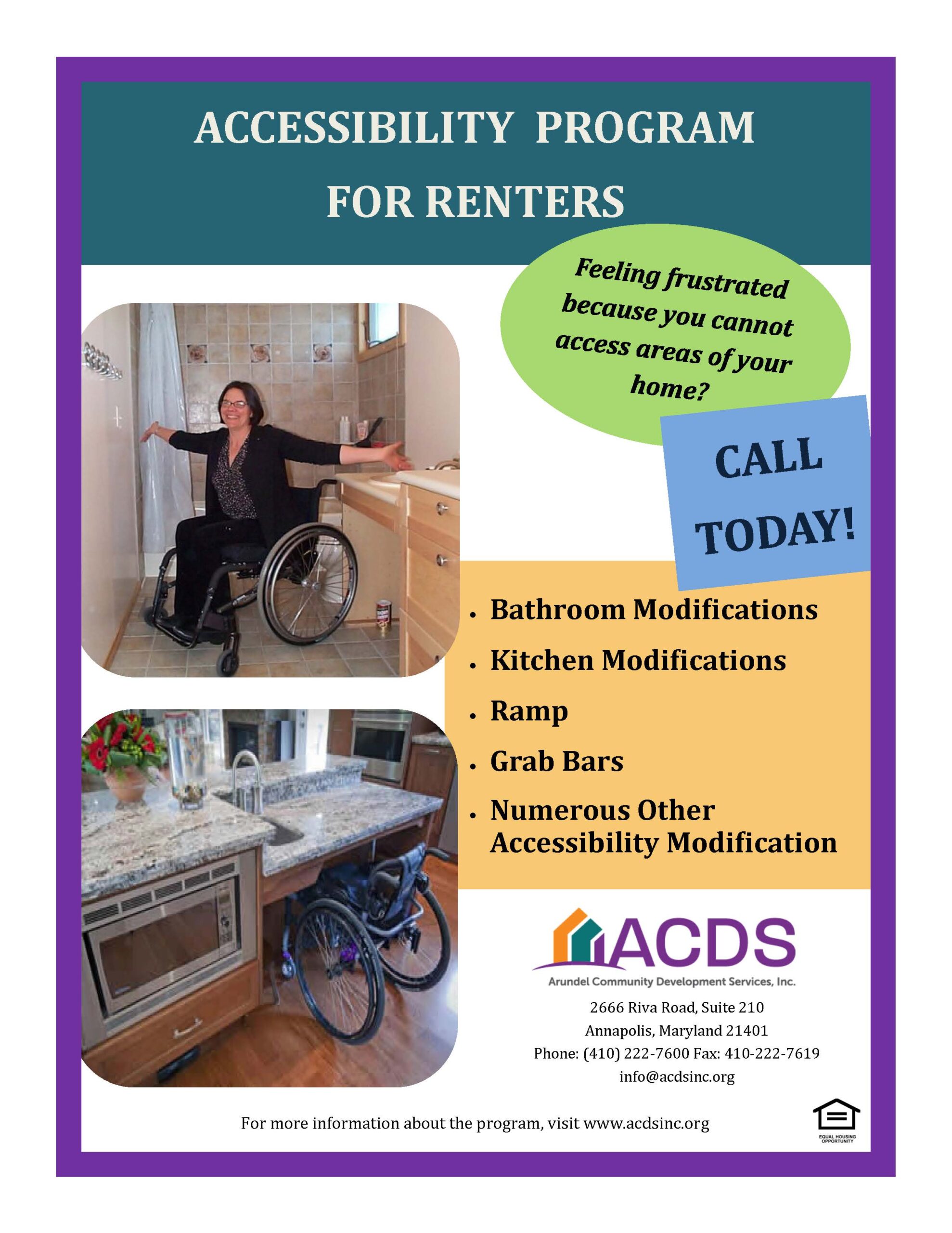 A woman in a wheelchair smiles and points to a sink with accessibility modifications. Text promotes an accessibility program for renters, offering bathroom and kitchen modifications, ramps, grab bars, and more.