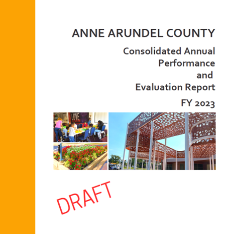 Cover of Anne Arundel County Consolidated Annual Performance and Evaluation Report FY 2023, featuring photos of people dining, flowers, and a modern canopy structure, with "DRAFT" stamped in red.
