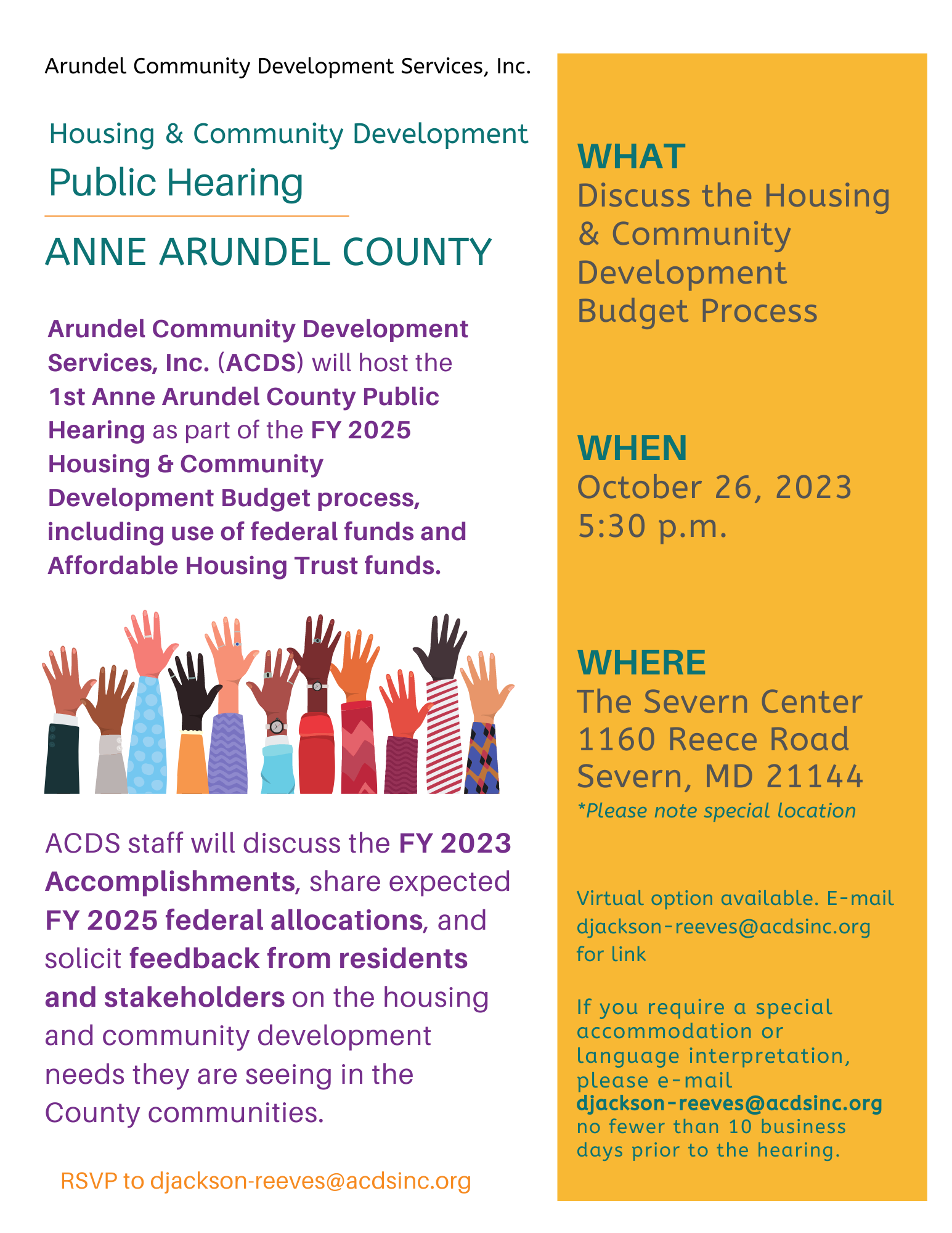 Flyer for Anne Arundel Community Development Services’ Housing & Community Development Public Hearing on Oct. 26, 2023, at the Severn Center, with event details and RSVP contact information.