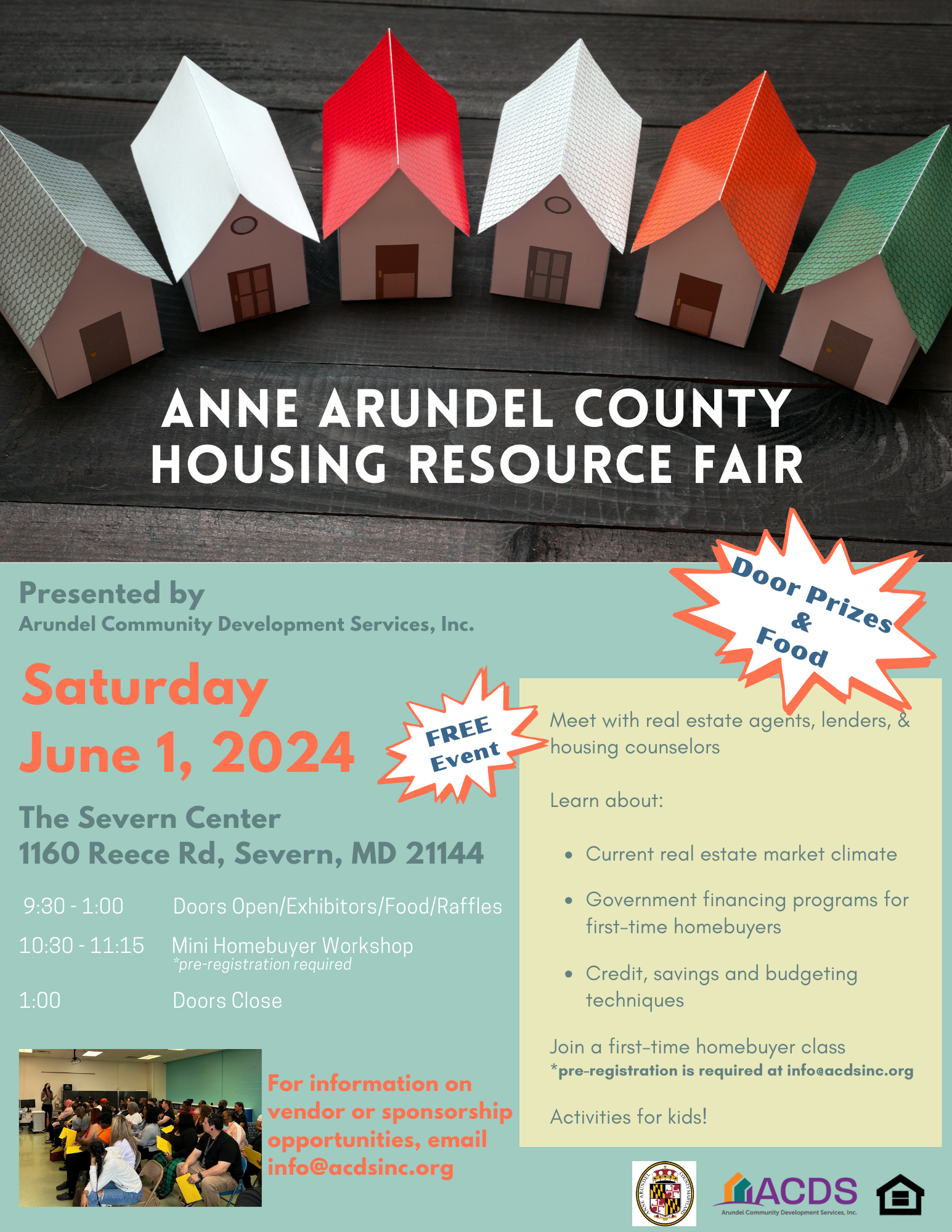 Flyer for Anne Arundel County Housing Resource Fair on June 1, 2024, in Severn, MD. Includes event details, schedule, topics, and a graphic of six paper houses. Highlights free entry, food, door prizes, and activities for kids.