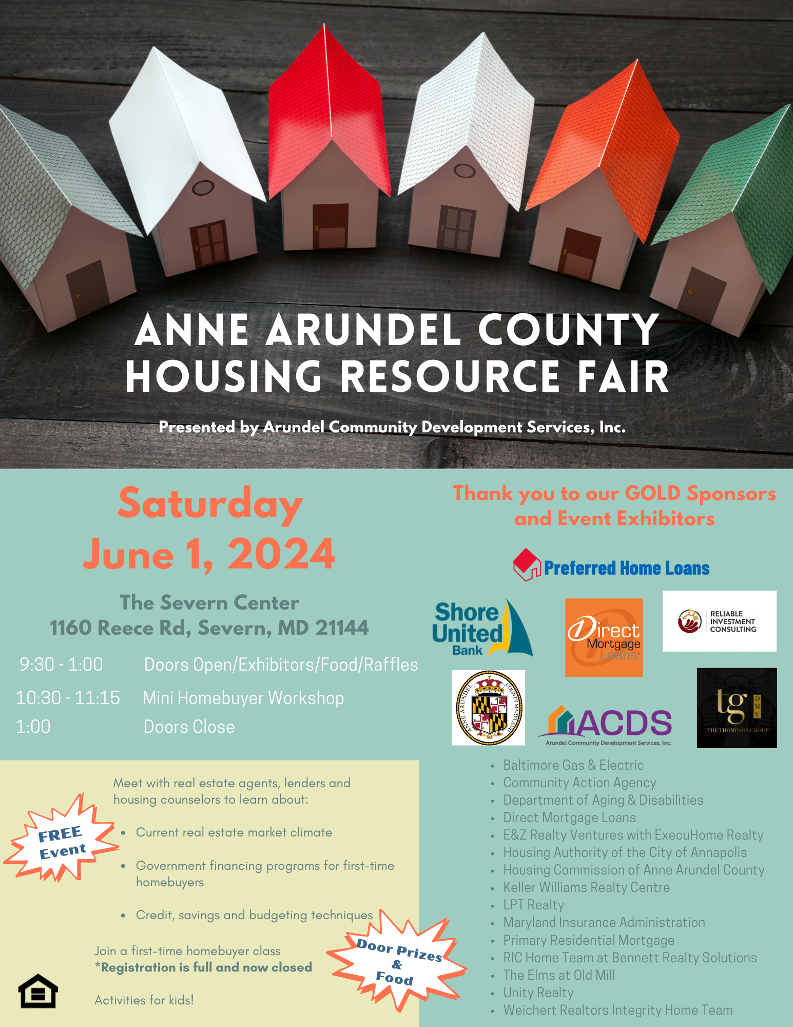 Flyer for the Anne Arundel County Housing Resource Fair on June 1, 2024, at The Severn Center. Includes event details, times, sponsors, and a row of colorful paper houses at the top.