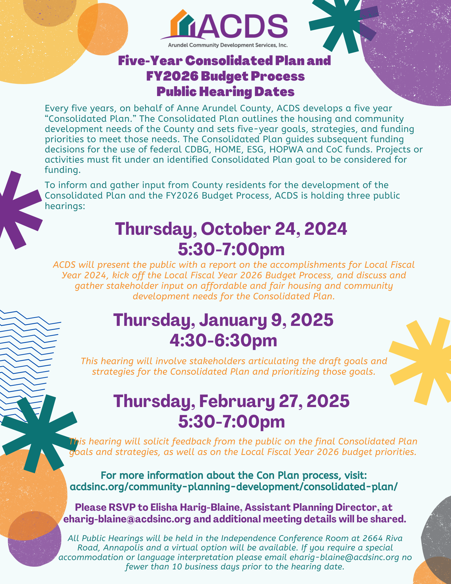 A colorful flyer announces public hearing dates for Anne Arundel County's five-year plan and 2026 budget: October 24, 2024, 5:30 p.m., and January 9, 2025, 4:30 p.m., with details, contact info, and accessibility notes.