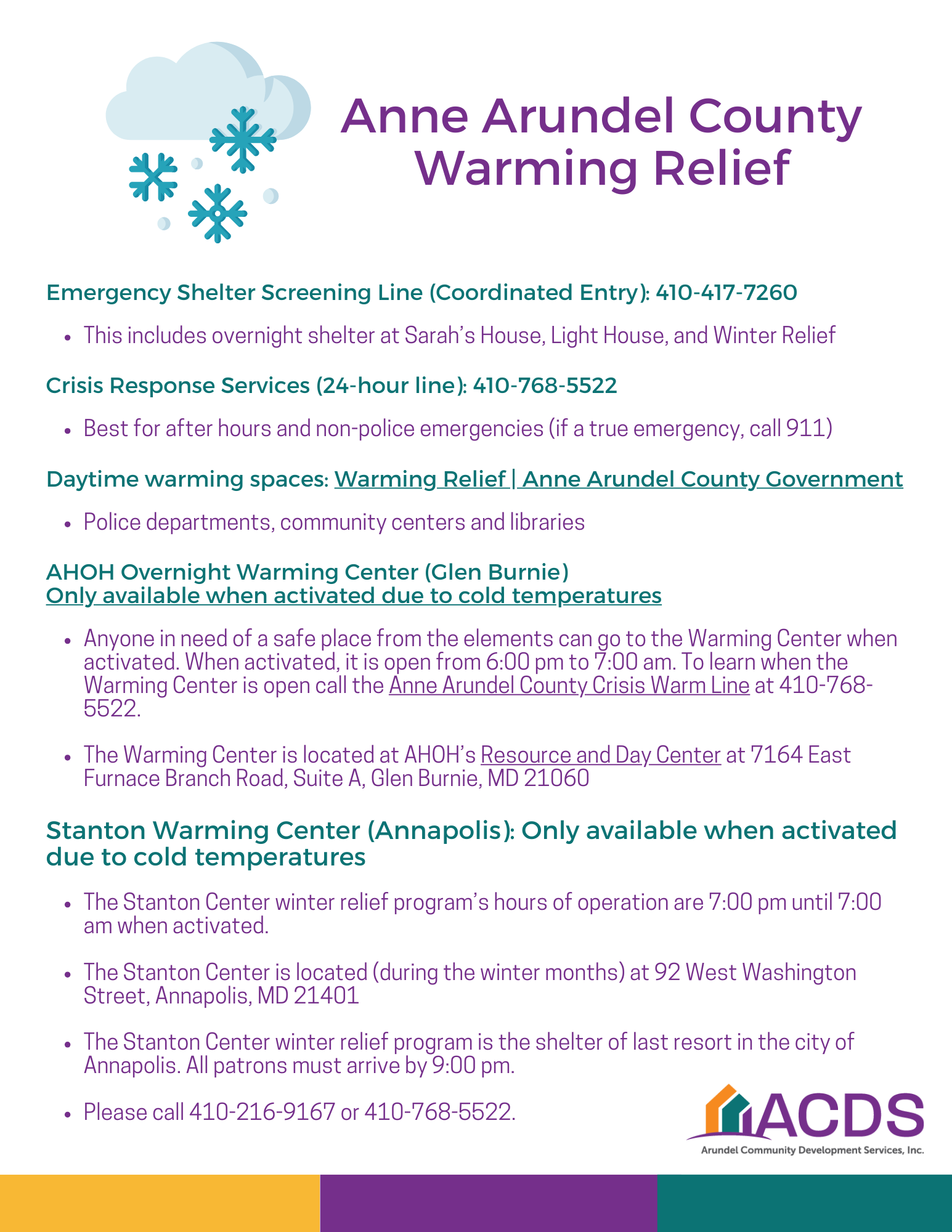 An informational flyer titled "Anne Arundel County Warming Relief" lists emergency shelter options, warming center locations, helpline numbers, and details for overnight shelters with the ACDS logo at the bottom right.