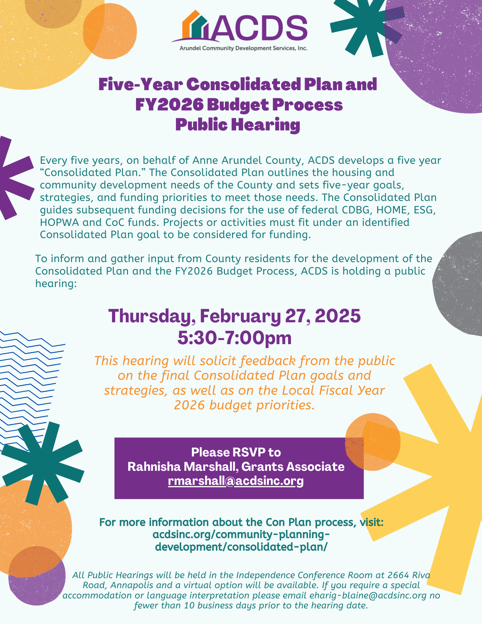 Flyer for ACDS Five-Year Consolidated Plan and FY2026 Budget Process Public Hearing on February 27, 2025, 5:30–7:00 PM. Includes event details, RSVP info, and accessibility accommodations.