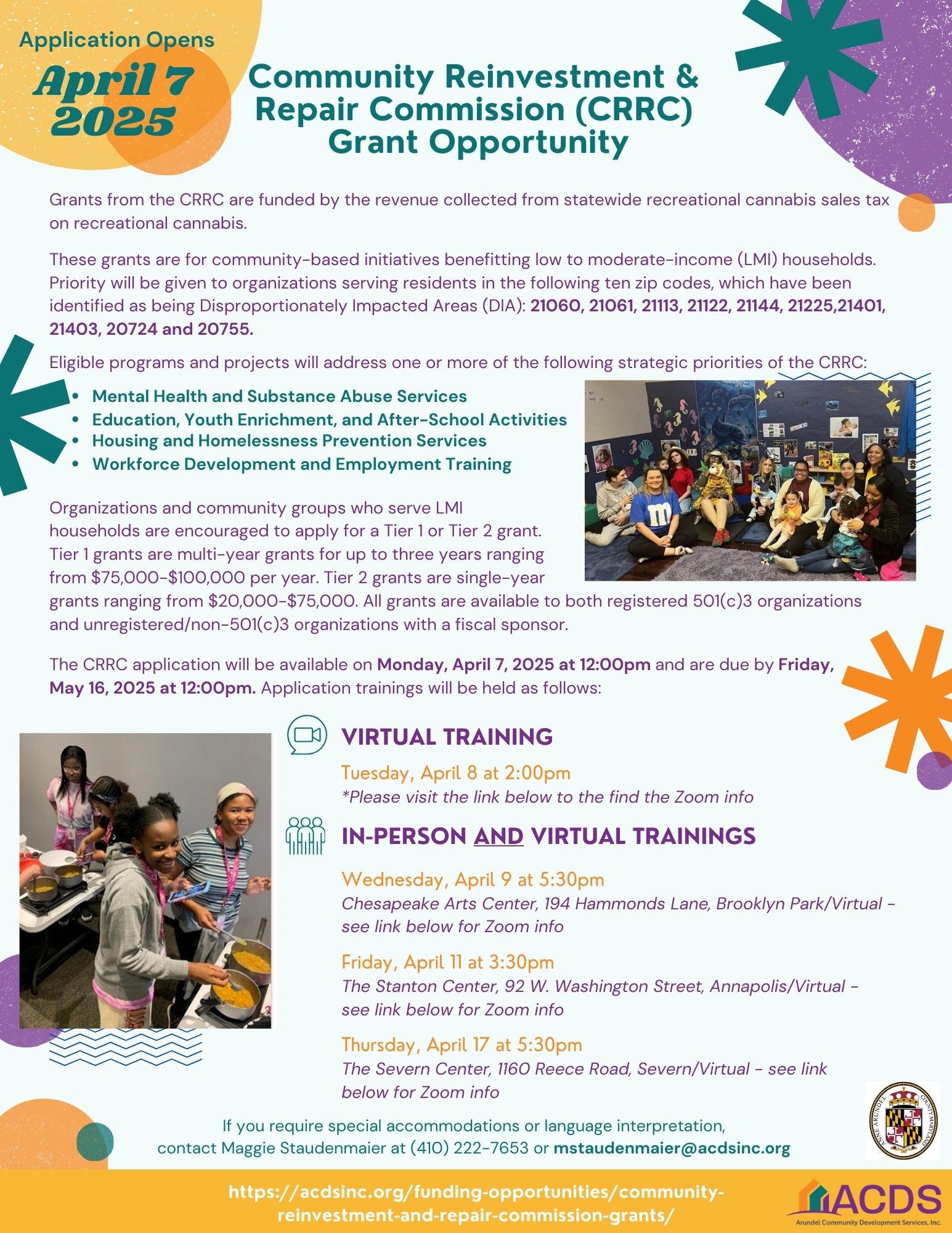 Flyer for the Community Reinvestment & Repair Commission Grant Opportunity, with details on eligible programs, grant priorities, virtual info session, and contact info. Colorful design with diverse graphics and April 7, 2025 application date.